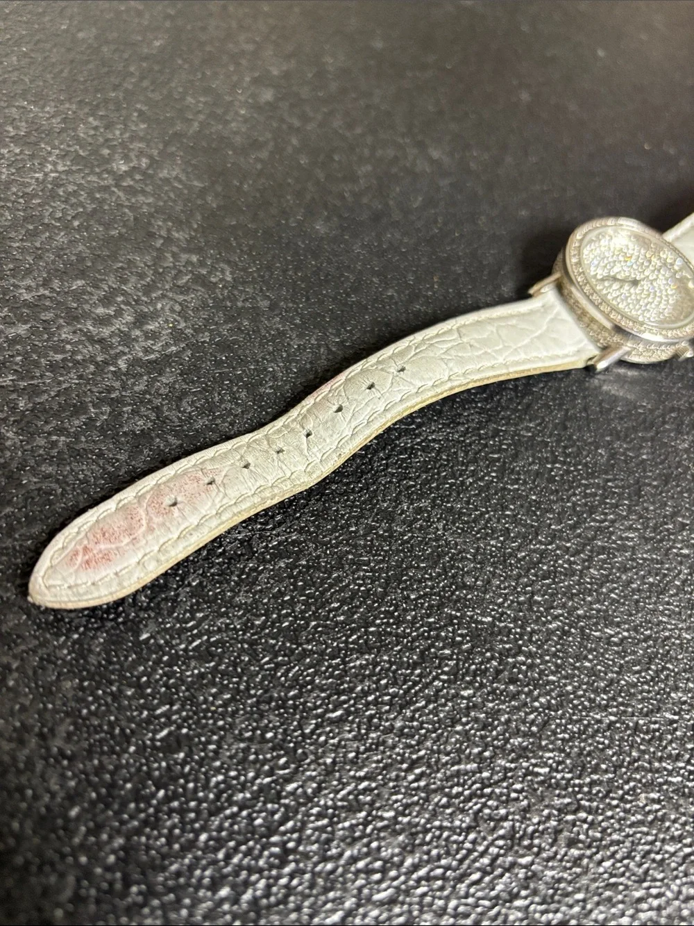 Peugeot WORKING Silver-Tone Crystal Dial Watch Leather White Croc Strap